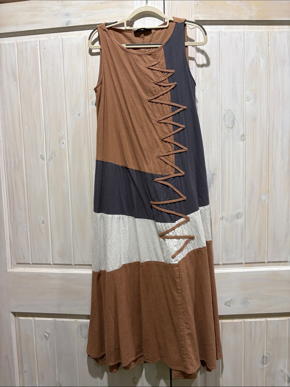 Zanzea Colorblock Maxi Dress in Brown, Black & Cream with Zigzag Detail